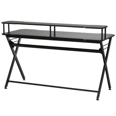 Bureau gaming support casque grand plateau MDF + étagère écran châssis métal noir