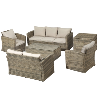 Outsunny Set de mobilier de gradina din ratan de 6 piese, canapea si 2 fotolii tapitate pentru 7 persoane, bej