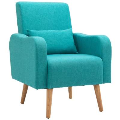 HOMCOM Accent Chair Linen-Touch Armchair Upholstered Leisure Lounge Sofa Club Chair with Pillow & Wood Legs - Teal