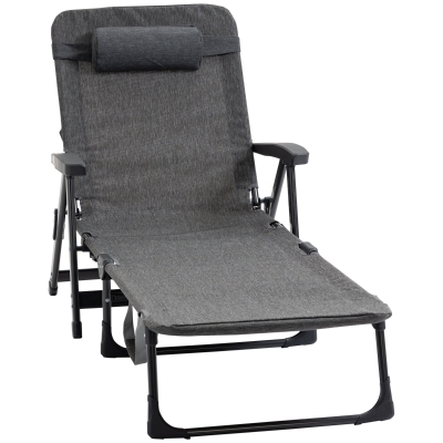 Outsunny Folding Chaise Lounge Chair, Mesh Fabric Lounge Chair, 7-Reclining Position Sleeping Bed with Pillow & Cup Holder or Poolside, Deck, Backyard, Dark Grey
