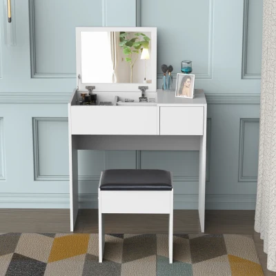 HOMCOM Coiffeuse Table de Maquillage Design Contemporain 80L x 40l x 79H cm Miroir escamotable, tiroir, Coffre + Tabouret Noir