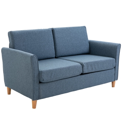 HOMCOM Linen Upholstery 2-Seater Sofa Floor Sofa Living Room Furniture w/ Armrest Wooden Legs Blue