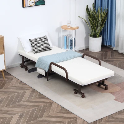 HOMCOM Folding Bed with Mattress, Single Guest Bed, Portable Fold Bed with Adjustable Backrest, Metal Frame on Wheels, White, 190 x 76 cm