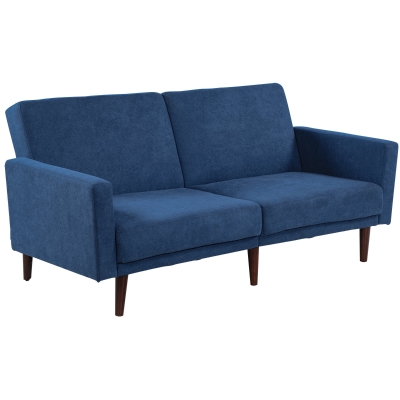 Canapé convertible 2 places dossier inclinable 3 positions pieds bois velours polyester bleu