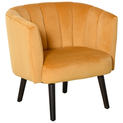 Fauteuil lounge design pieds inclinés effilés bois hévéa velours moutarde