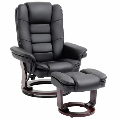 HOMCOM Swivel Manual Recliner and Ottoman Set PU Lounge Chair Wood Base, Black