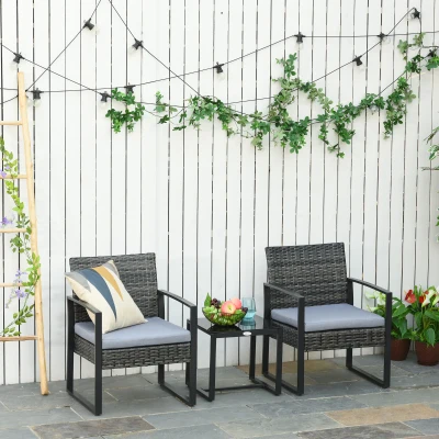 Outsunny Set da Giardino in Rattan 3 pezzi, 2 Poltrone con Cuscino e Tavolino, Grigio