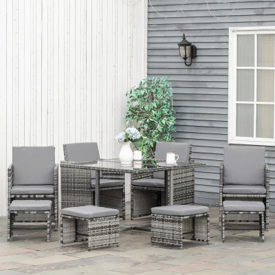 Outsunny Salotto da Giardino in Rattan Set Completo da 9 Pezzi, Grigio
