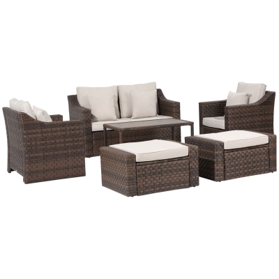 Outsunny Salotto da Esterni in Rattan, Set 6 Pz con Divanetto da Giardino, Poltrone e Tavolino, Marrone