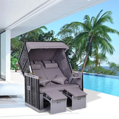 Outsunny Sdraio da Spiaggia Reclinabile con Tettuccio e Cassetti, Grigio