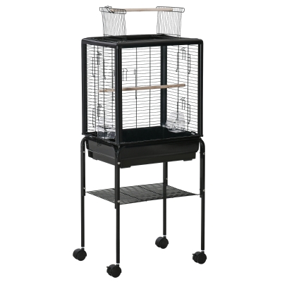 PawHut Jaula para Pájaros con Soporte Desmontable Pajarera con 4 Ruedas Techo Abrible 2 Comederos 2 Perchas y Bandeja para Loros Canarios Periquitos 47x35x106,5 cm Negro