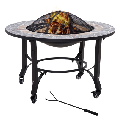 Outsunny 2-in-1 Outdoor Fire Pit on Wheels, Patio Heater with Cooking BBQ Grill, Firepit Bowl with Screen Cover, Fire Poker for Backyard Bonfire
