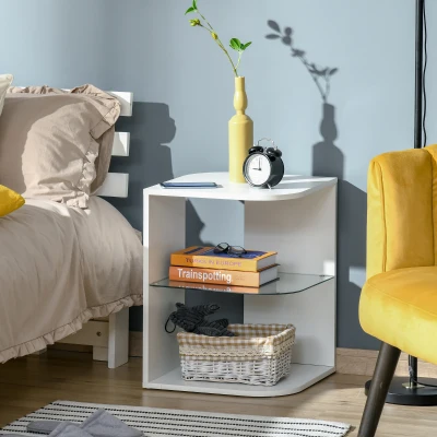 HOMCOM Comodino Moderno a 3 Livelli con Ripiano Regolabile, in Truciolato e Vetro Temperato, 40x40x56 cm, Bianco