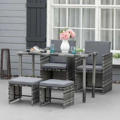 Outsunny Set 11 Pz Tavolo da Giardino con Sedie e Pouf in Rattan PE, Grigio