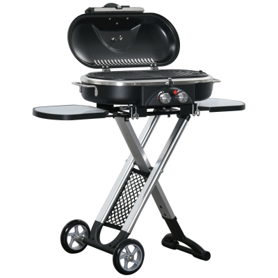 Outsunny Barbacoa de Gas 2,34 KW con 2 Quemadores Termómetro Parillas de Gas Plegable Portátil con 2 Ruedas y 2 Mesas Correderas para BBQ Camping 100x41,6x82,5 cm Negro y Plata