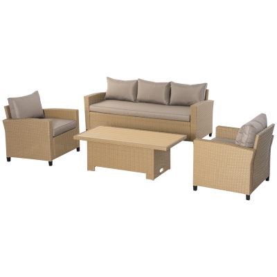 Outsunny 4 Pieces Outdoor PE Rattan Sofa Set, Patio Wicker Aluminium Frame Conversation Furniture w/ Wood Grain Plastic Table-top & Thick Padded Cushion for Garden, Backyard, Lawn, Khaki