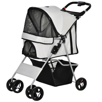 PawHut Cochecito para Mascotas Plegable Carrito para Perros con Toldo Ajustable Cesta de Almacenaje y Ruedas con Freno Tela Oxford Marco de Acero 75x46x94 cm Gris