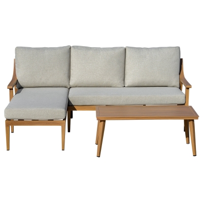 Outsunny 3 teiliges Gartenmöbel Set mit Chaiselongue, Doppelsofa, Beistelltisch & Kissen, Khaki
