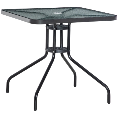 Outsunny Square Patio Table, Tempered Glass Top Bistro Table, Garden Dining Table, Outdoor Accent Coffee Table 76 x 76cm Steel Frame with Umbrella Hole