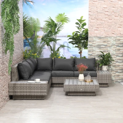 Outsunny 4 PCs Rattan Garden Furniture Outdoor Sectional Corner Sofa and Coffee Table Set - Conservatory Wicker Weave Furniture with Armrest and Cushions, Light Grey