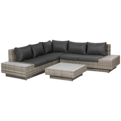 Outsunny 5-Seater Rattan Garden Furniture Outdoor Sectional Corner Sofa and Coffee Table Set Conservatory Wicker Weave Furniture with Armrest and Cushions - Light Grey