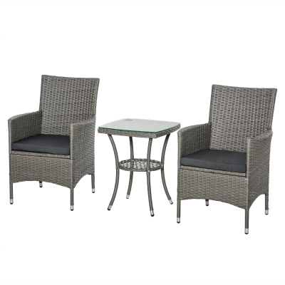 Outsunny Conjunto de Muebles Ratán para Jardín Formado por 1 Mesa y 2 Sillones con Cojines Estructura de Metal y Ratán Gris