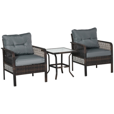 Outsunny Conjunto de Muebles de Ratán 3 Piezas de Jardín 2 Sillones 65x66x75 cm y Mesa de Vidrio Templado 50x50x50 cm con Cojines Acolchados para Terraza Patio Marrón y Gris