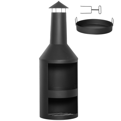 Outsunny Chimenea de Jardín de Metal Estufa de Terraza con Cámara de Fuego Rejilla de Almacenamiento de Leña Techo para Humo y Atizador para Exterior Ø44,5x133 cm Negro