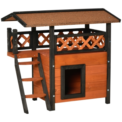 PawHut Cat House Outdoor Kitten Shelter Puppy Kennel with Balcony Stairs Asphalt Roof, 77 x 50 x 73 cm, Brown