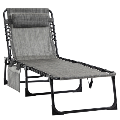 Outsunny Portable Sun Lounger, Folding Camping Bed Cot, Reclining Lounge Chair 5-position Adjustable Backrest with Pillow for Patio Garden Beach Pool, Mixed Grey