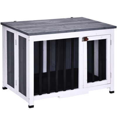PawHut Cage pour chien animaux pliante en bois massif - toit ouvrable - plateau à déjection amovible - dim. 84,5L x 51,4l x 61H cm - gris et blanc