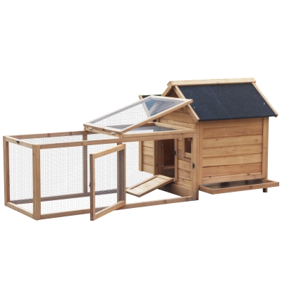 PawHut Poulailler avec nichoir cage à poules avec perchoir pondoir enclos avec grand d'espace d'activité rampe tiroir à déjection bois naturel massif dim. 180L x 92l x 78H cm