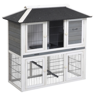 PawHut Clapier en bois pour lapin à 2 étages 4 portes verrouillables plateau coulissant rampe - 117L x 62,5l x 115H cm - bois de sapin gris blanc