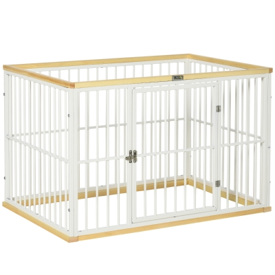 PawHut Freigehege für Haustier für Hund Hundelaufstall Schutzgitter mit Tür Stahl Kiefernholz Weiß+Natur 93 x 61 x 59 cm