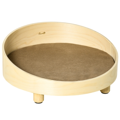 PawHut Hundebett mit Schutzrand und Kissen, Holz+Hellbraun, Φ59 x 23,5 cm