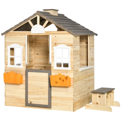 Outsunny Wooden Kids Playhouse, Outdoor Garden Games Cottage, with Working Door, Windows, Bench, Service Station, Flowers Pot Holder, for 3-7 Years Old