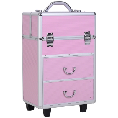 HOMCOM Valigia Porta Trucchi Professionale, Trolley Make Up Rinforzato in Alluminio, 2 Ruote, Rosa 36x23x58-96cm