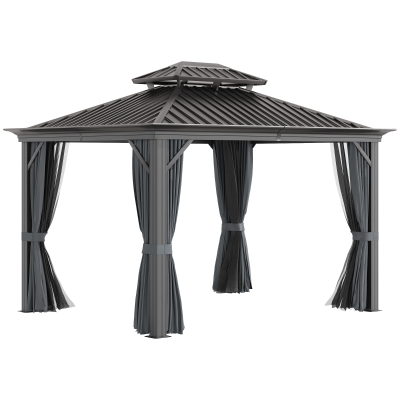 Outsunny Outdoor Hardtop Gazebo Canopy Aluminum Frame with 2-Tier Roof & Mesh Netting Sidewalls for Patio, 3.7 x 3(m), Grey