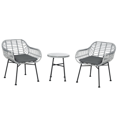 Outsunny Set Mobili da Giardino in Rattan PE con 2 Sedie e Tavolino con Ripiano in Vetro, Grigio