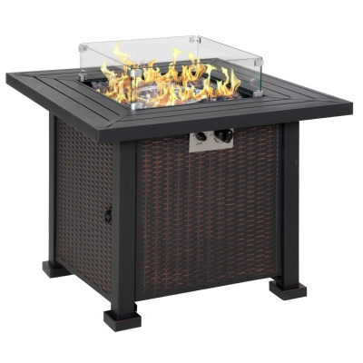 Outsunny Square Propane Gas Fire Pit Table, 50000 BTU Rattan Smokeless Firepit Patio Heater with Glass Screen, Glass Beads and Lid, 82cm x 82cm x 66cm, Black