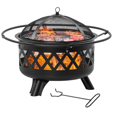 Outsunny Feuerschale 2-in-1 Feuerkorb mit Funkenschutz Grillnetz Ø82 cm Feuerstelle für Heizung BBQ Grill Garten Terrasse rund Schwarz