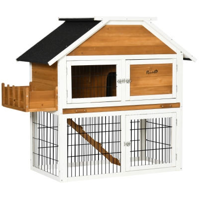 PawHut 2 Tier Wooden Rabbit Hutch, Guinea Pig Cage, Bunny Run, Small Animal House for Indoor Outdoor with Plant Box, Slide-out Tray, Ramp, 123 x 58 x 106cm, Natural