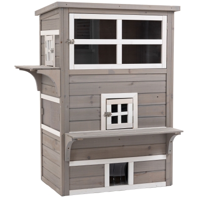 PawHut Caseta para Gatos de Madera Exterior Casa Grande para Gatos de 3 Pisos con Múltiples Entradas Ventanas y 2 Plataformas para Terraza Balcón Jardín 98x68,5x122 cm Gris
