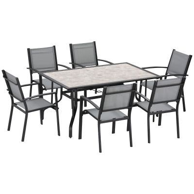 Outsunny 7 Piece Garden Dining Set, Armchairs and Table with Parasol Hole, 6 Seater Outdoor Patio Furniture with Texteline Seat for Backyard, Deck and Balcony, Grey