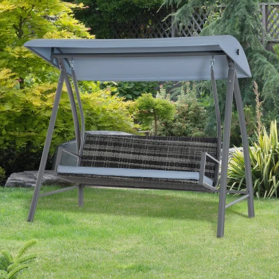 Outsunny Rattan Swing Chair 2-3 Seater Adjustable Canopy Grey