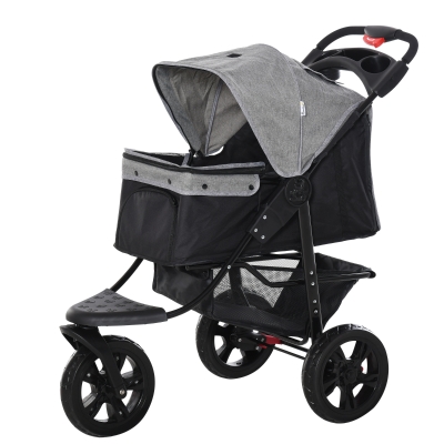 PawHut Cochecito para Mascotas Plegable Carritos para Perros con 3 Ruedas Puerta Ventanas de Malla Cesta de Almacenaje y Correas de Seguridad Marco Acero 109,5x57,5x106,5 cm Gris
