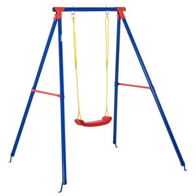 Outsunny Metal Swing Set with Seat Adjustable Rope Heavy Duty A-Frame Stand Backyard Outdoor Playset for Kids Fun 3-8 Years Old Blue