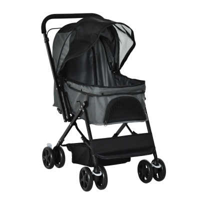 PawHut Cochecito para Mascotas Plegable Carrito para Perros Gatos con Toldo Ajustable Cesta de Almacenaje Correas de Seguridad y Frenos Tela Oxford 600D Acero 76,5x52x95 cm Gris