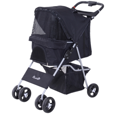 PawHut Cochecito para Mascotas Plegable Carrito para Perros con Toldo Ajustable Cesta de Almacenaje y Ruedas con Freno Tela Oxford Marco de Acero 75x46x94 cm Negro