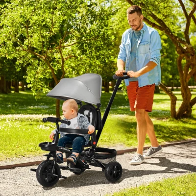 HOMCOM Childrens Push Chairs, 4 in 1 Foldable Pedal w/ Reversible Angle Adjustable Seat Removable Handle Canopy Handrail Grey